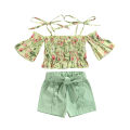 Two Piece Girl’s Clothes Set Fashion Printed Mid-sleeve T-shirt and Solid Color Short Pants with Belt. 