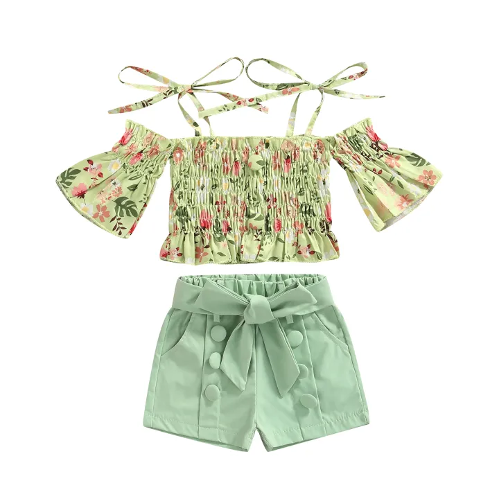 Two%20Piece%20Girl%E2%80%99s%20Clothes%20Set%20Fashion%20Printed%20Mid-sleeve%20T-shirt%20and%20Solid%20Color%20Short%20Pants%20with%20Belt%20-%20Image%202