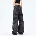 BAGGY JEANS American Style Retro Damage Feeling Spider Web Raw Hem Jeans Men's European and American Style Fried Street Loose Trousers. 