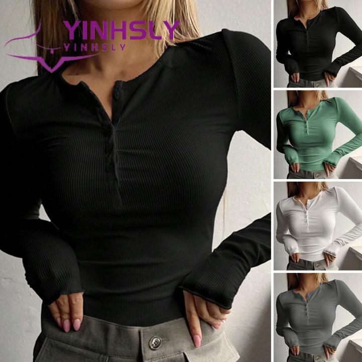 Women Round Neck Solid Color Tops Simple Style O Neck Button Long Sleeve Slim Fit Lady T-shirt Blouse for Women Soft Breathable Fall Spring Top Women Lightweight Long-sleeve Tops