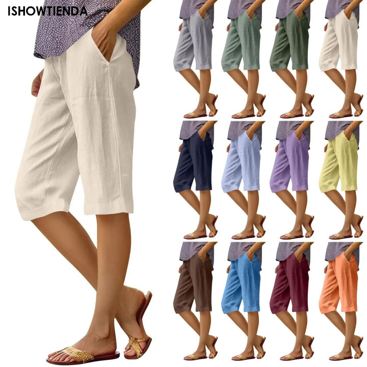 Women’s Relax Wear Capris Cotton Pants Drawstring Elastic Waist Pants Casual Cropped Trousers Daily Breeches Five Half Pants Pantalone