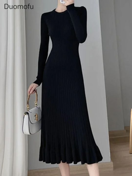 Duomofu%20Knitted%20White%20Dress%20Women%20Korean%20Fashion%20Ruffle%20Long%20Dresses%20Female%20Autumn%20Winter%20Elegant%20Long%20Sleeve%20Slim%20Sweater%20Dress%20-%20Image%202