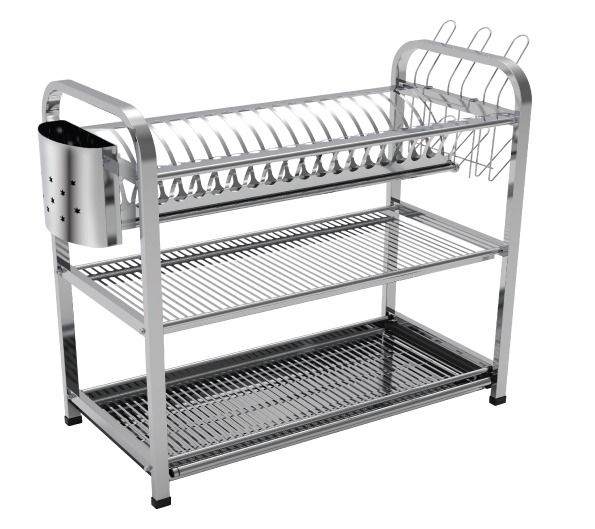SKB Cookware Wall Hanging 3 Layer Stainless Steel Dish Rack (Square) 18 & 20 Plate - High Quality with Glass & Spoon Holder