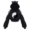 Women Long Sleeve Hoodies Kawaii Cat Ears Hoodie Gothic Punk Harajuku Cold Shouler Bandage Gothic Black Sweatshirts 2021.