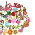 Cartoon animals, butterflies, birds, flower pieces, wooden buttons, handmade materials. 