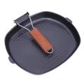 Non-Stick Grill Pan, Frying Pan Wooden Handle Folding for Kitchen Fry Cooking Steak Pans Portable Square Grill-24 Cm. 
