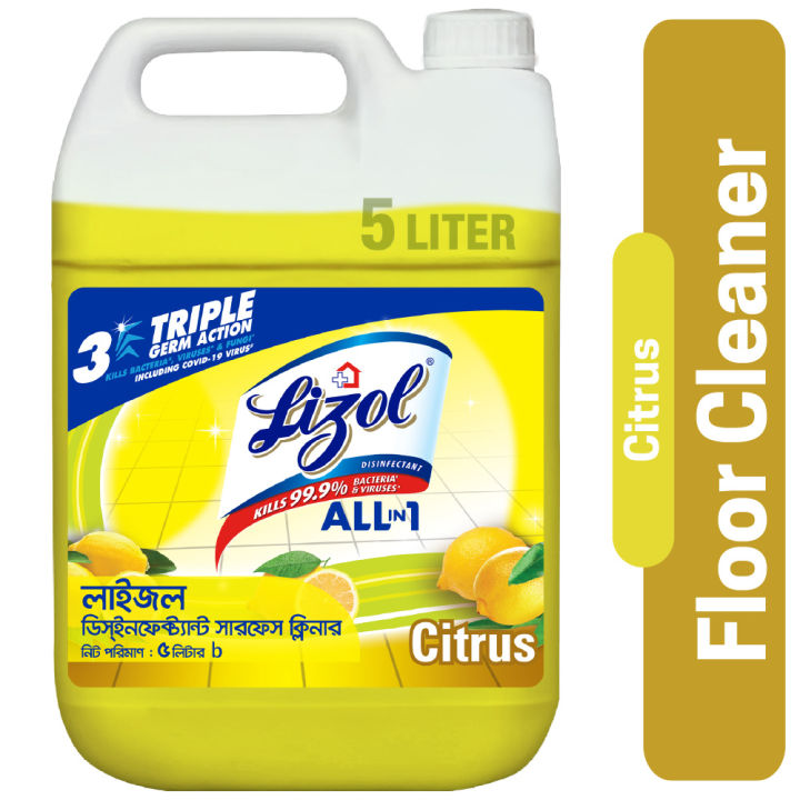 Lizol Disinfectant Floor & Surface Cleaner 5L Citrus, Super Saver Pack, Kills 99.9% Germs