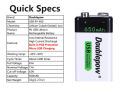 Doublepow 9V 650mAh USB Rechargeable Li-ion Battery – Built-in Micro USB Charging. 