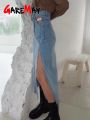 Long Denim Skirt Midi Women's High-waisted Spring A-line Pencil Female Jeans Vintage Skirt with Side Slit for Women 2023. 