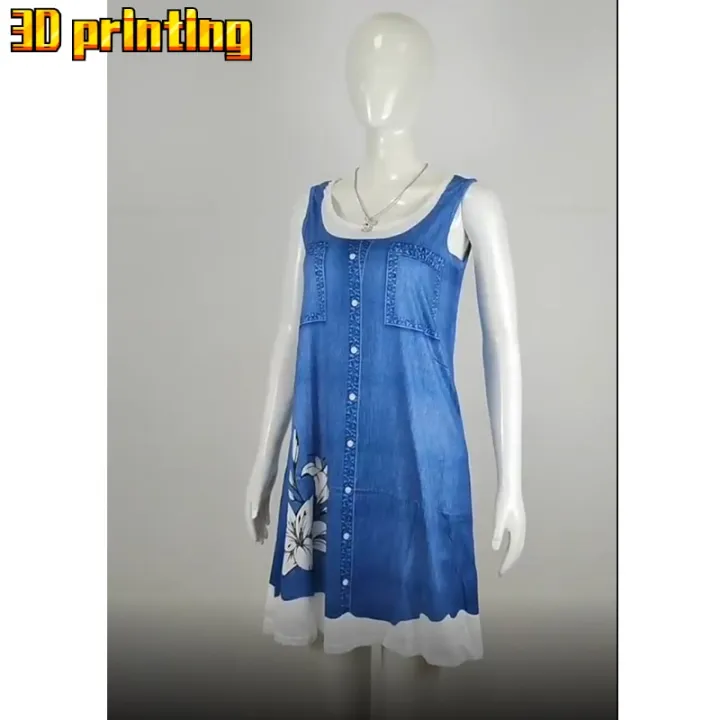 Women's%20A-Line%20Dress%20Sleeveless%20Spring%20Summer%20Casual%20Patchwork%20Print%20Knee%20Length%20Dress%20Fashion%203D%20Printing%20Denim%20Print%20Dress%20-%20Image%204