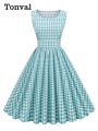 Tonval Gingham 50s Pinup Rockabilly Cotton Dresses for Women 2022 O-Neck Sleeveless High Waist Plaid Pleated Vintage Dress.