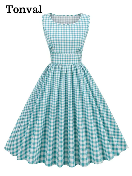 Tonval%20Gingham%2050s%20Pinup%20Rockabilly%20Cotton%20Dresses%20for%20Women%202022%20O-Neck%20Sleeveless%20High%20Waist%20Plaid%20Pleated%20Vintage%20Dress%20-%20Image%202