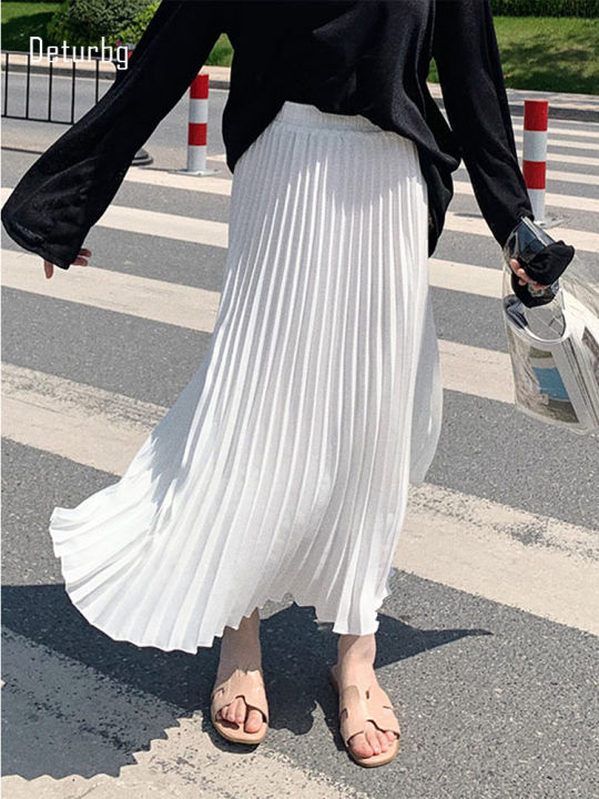Women's Stretch Pleated Midi Long Skirt Female Korean Fashion - Main Image