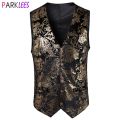 Mens Luxury Red Paisley Bronzing Steampunk Waistcoat Slim Fit V Neck Wedding Suit Vests Men Gothic Aristocrat Victorian Gilet. 