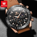 OLEVS Watch for Men  Waterproof Trendy Kpop Style Chronograph Phase of Moon Calendar Luminous Leather Strap 9957. 