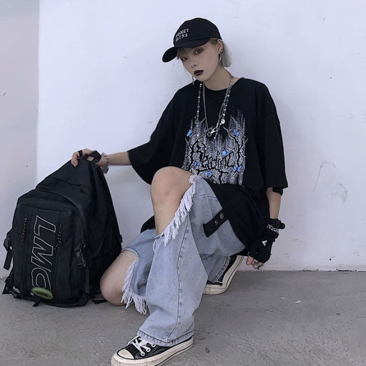 Summer New Korean-StyleinsWater Washed Hole Wide Leg Pants High Waist Slimming Jeans Women's Baggy Straight Trousers Tide