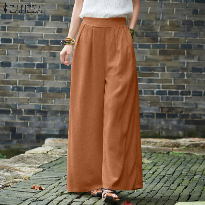 ZANZEA Women Cotton Linen Wide Leg Long Pants Solid Elastic Waist Loose Casual Trousers