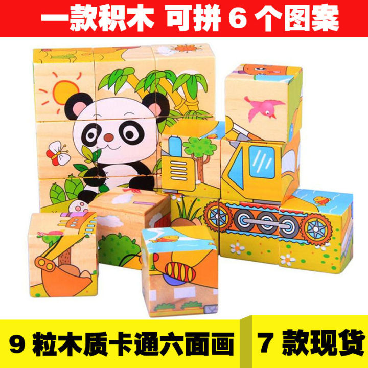 Children's Wisdom Early Education Building Blocks Wooden Toys 9 Six-sided Painting Three-dimensional Puzzle Blocks Wholesale Kindergarten Baby