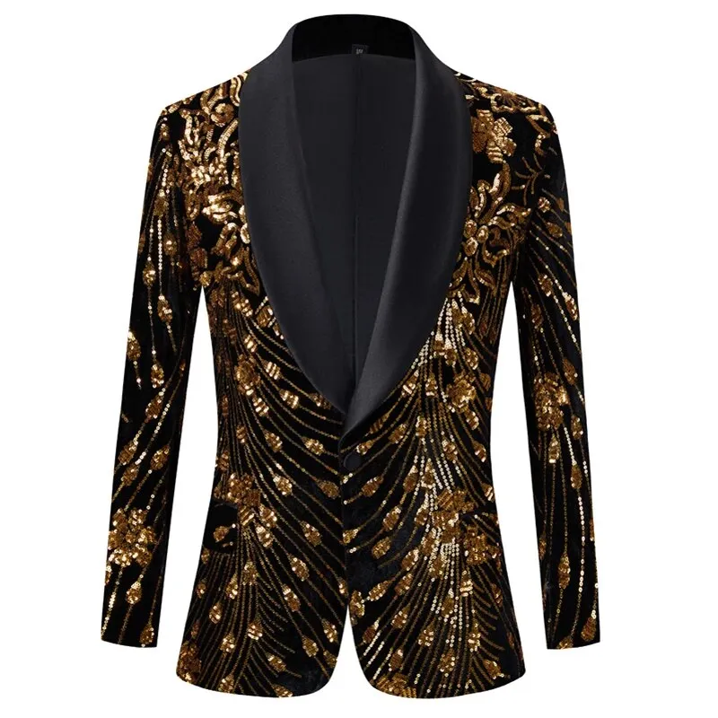 Mens Luxury Gold Velvet Sequins Floral Pattern Suit Jacket Blazer