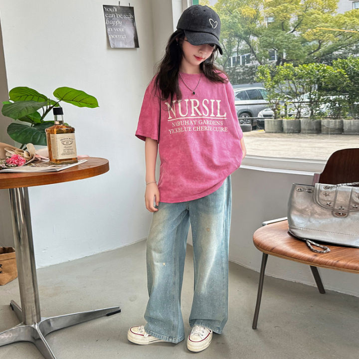 Girls%20Summer%20T-Shirt%20Set%202024%20New%20Western%20Style%20Girls%20Summer%20Dress%20Loose%20Short%20Sleeve%20Kids%20Denim%20Wide-leg%20Pants%20-%20Image%207