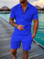 2023 New Summer Men's Shorts Set Short Sleeve Zip Polo Shirt Street T-shirt Two Piece Casual Sportswear Dislikelike.