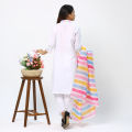 High Quality Linen Ready Made White Multi Less Three Piece For Women/Girls. 