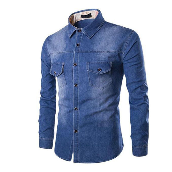 Blue Denim Long Sleeve Casual Shirt for Men