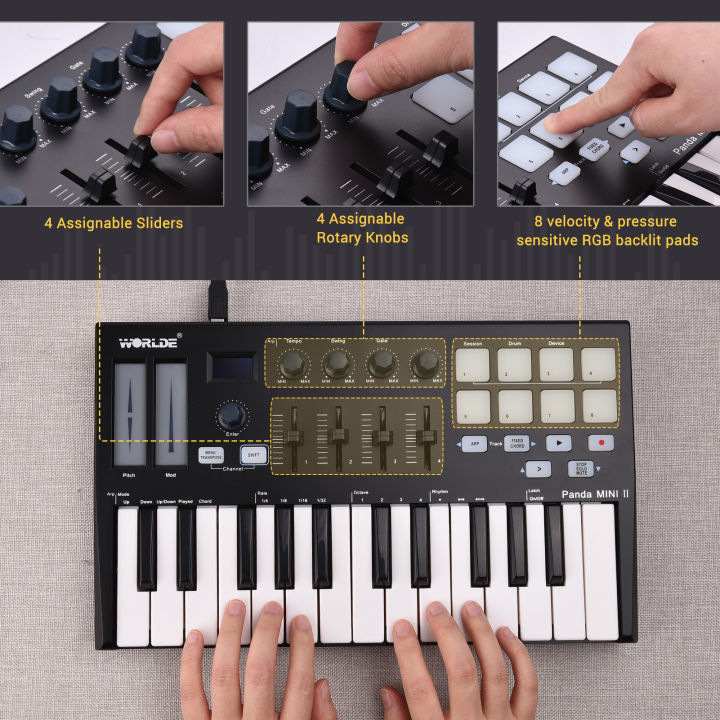 WORLDE%20Panda%20MINI%20II%20Portable%2025-Key%20USB%20MIDI%20Keyboard%20Controller%20with%208%20RGB%20Backlit%20Trigger%20Pads%204%20Assignable%20Control%20Knobs%204%20Assignable%20Sliders%20-%20Image%203