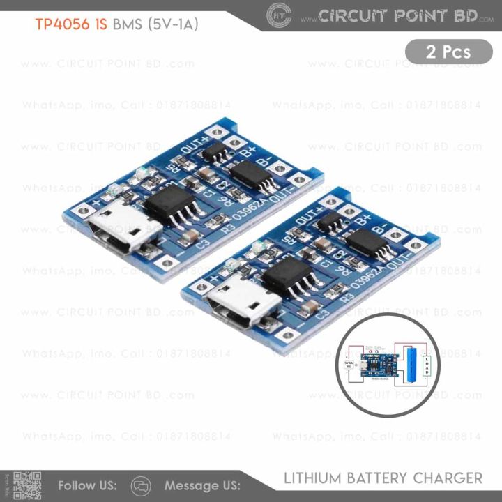Tp406 Charging Module 2 Pcs - TP4056 Li-Ion/Lithium Battery Charger Module with BMS, Micro ...