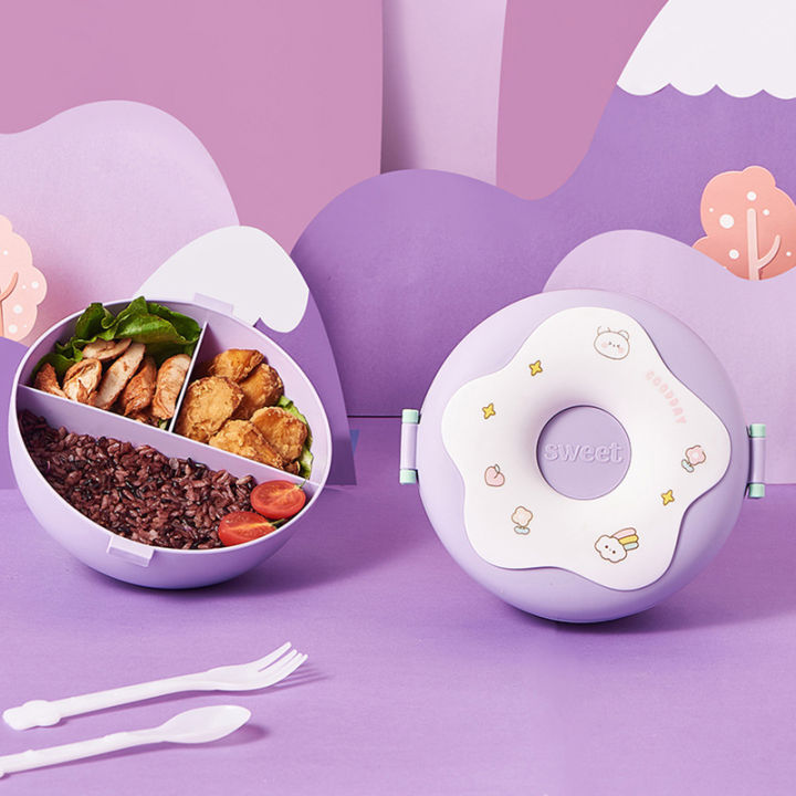 Lunch Box For Kid School Child Snack Box Donut Cartoon Leakproof Bento Box Lunch Bags With Fork Spoon 3 Compartment Microwavable Luolong