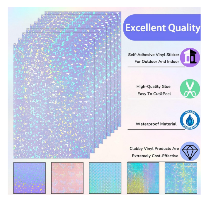 20 Sheets Holographic Stickers Paper Clear A4 Vinyl Sticker Paper Self-Adhesive Waterproof Transparent Film 11.7 x 8.3 Inches