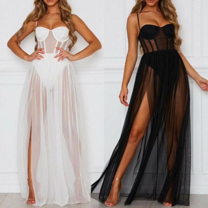 Summer 2PCS Dress Womens Perspective Mesh Gauze Sleeveless Backless Party Dress Black White Long Maxi Dresses Sundress