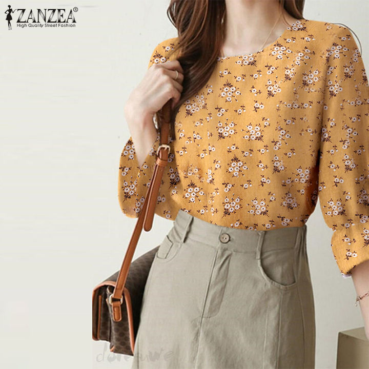 ZANZEA%20Korean%20Style%20Women%20Floral%20Printed%20Tops%20Ruffle%203/4%20Sleeve%20Office%20Lady%20Shirt%20Blouse%20-%20Image%203