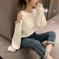 2022Spring and Autumn New Korean Style Loose off-Shoulder Letter Pullover Sweatshirt Women's Sneaky Design White Versatile Student Top.
