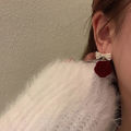 Autumn Winter Vintage Temperament Bow Japanese Korean Niche Red Flocking Rose Earrings Jewelry Gift.