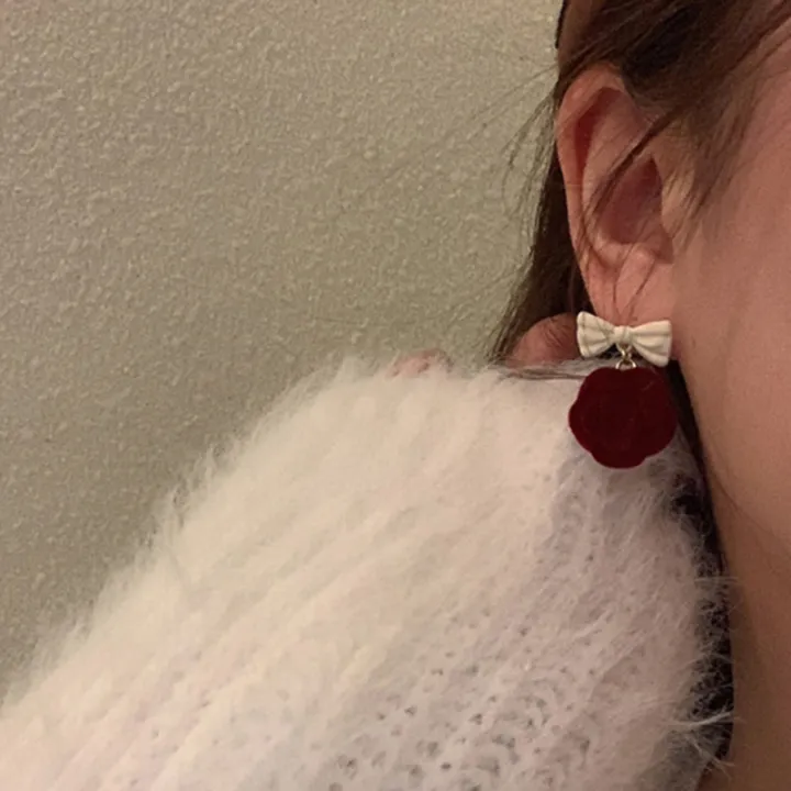 Autumn%20Winter%20Vintage%20Temperament%20Bow%20Japanese%20Korean%20Niche%20Red%20Flocking%20Rose%20Earrings%20Jewelry%20Gift%20-%20Image%203