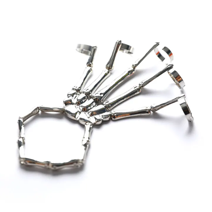 Punk Skeleton Hand Bone Five Finger Ring Bracelet Adjustable Halloween Bracelet