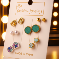 Trendy 6 Pair Stud Earring Set for Women & Girls – Blue Floral, Pearl, and Gold Design, Fashion Jewelry Gift Set.