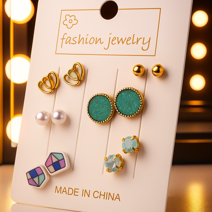 Trendy 6 Pair Stud Earring Set for Women & Girls – Blue Floral, Pearl, and Gold Design, Fashion Jewelry Gift Set