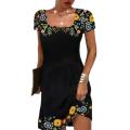 2023 Summer Women's Wavy Neck Print Short-sleeve Dress Elegant Casual Floral Theme Printed Female Fashionable Knee Length Dress. 