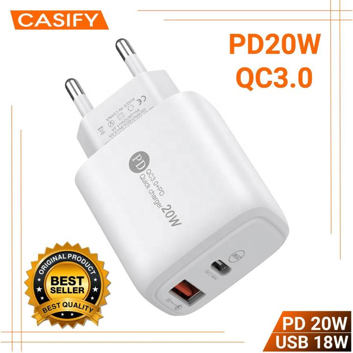 CASIFY UP03 PD 20W QC18W Dual-Port Adapter Fast Charger PD 20W USB C Charger 18W USB Fast Charger Wall Charger US Plug