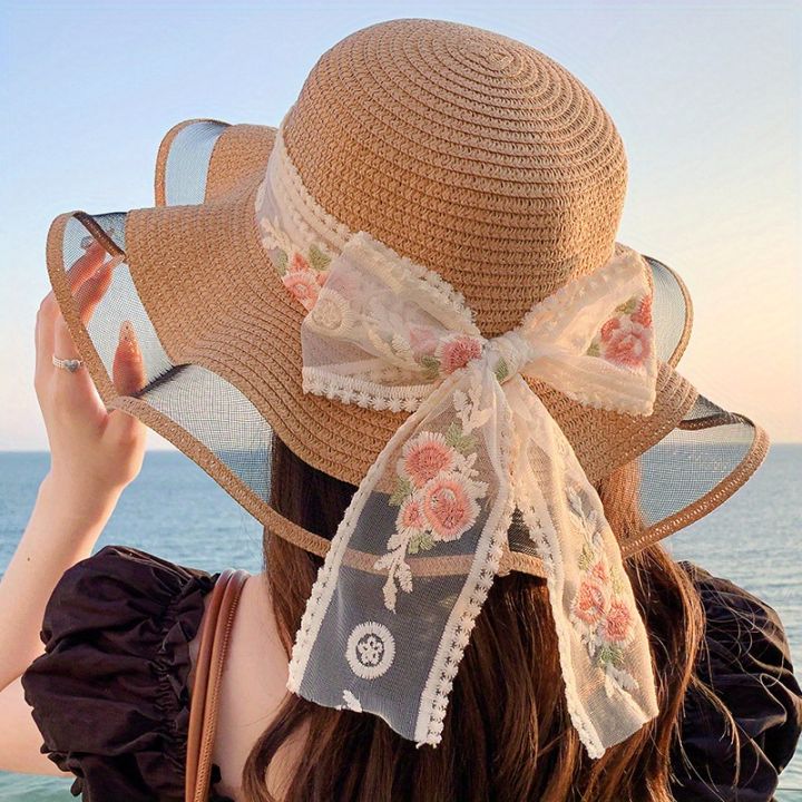 Women's Wide Brim Straw Hat, Summer Seaside Vacation Sun Hat With