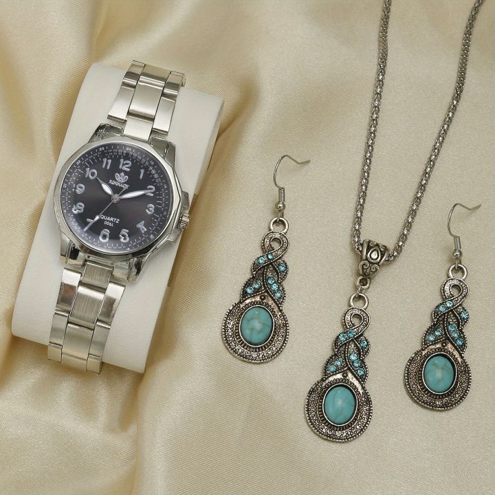 4pcs/set Women's Watch Casual Round Pointer Quartz Watch Polished Fashion Analog Wrist Watch & Jewelry Set, Gift For Mom Her