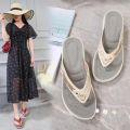 Women's Slippers Summer Metal Button Slides Shoes Wedges Leisure Flip Flops Wedge Beach Sandals Women Outside Platform Slippers. 