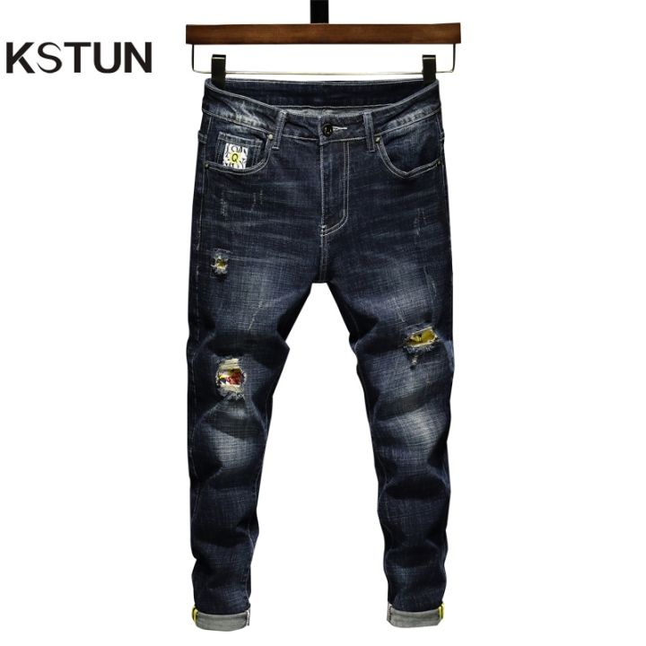 Hip Hop Jeans Men Elasticity Dark Blue Ripped Jeans For Boys Slim