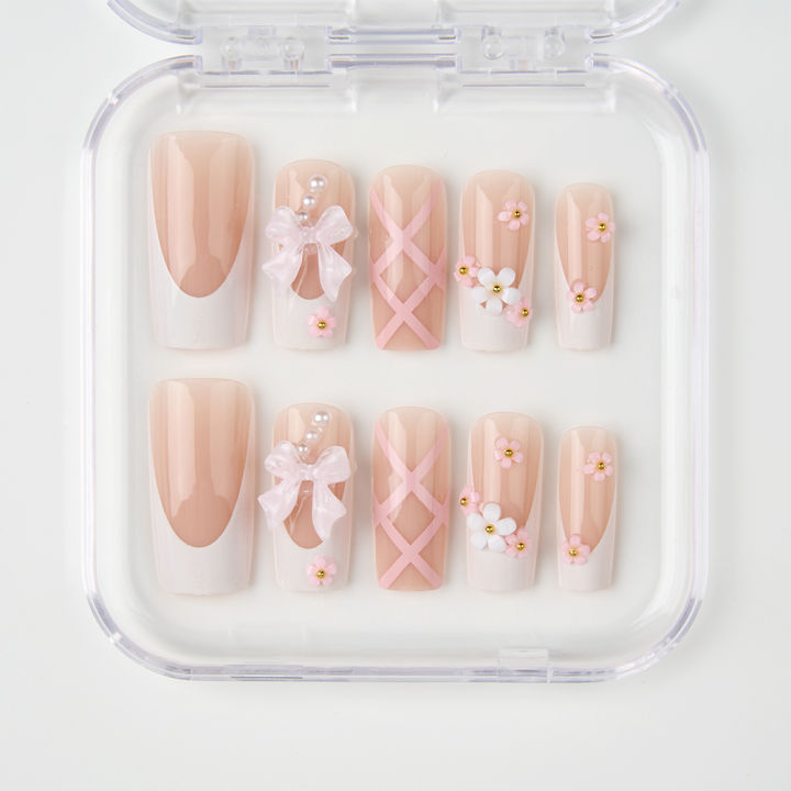 24Pcs%20Pink%20Bow%20Press%20on%20Nails%203D%20Flower%20with%20Pearl%20Design%20Acrylic%20Nails%20Ballerina%20Full%20Cover%20French%20False%20Nail%20Tips%20for%20Women%20-%20Image%204