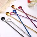 Round Threaded Straws 2 In 1 Stainless Steel Straw Spoon Reusable Straw Tableware Home Beverage Stirring Spoon Long Handle Dessert Coffee Spoon. 