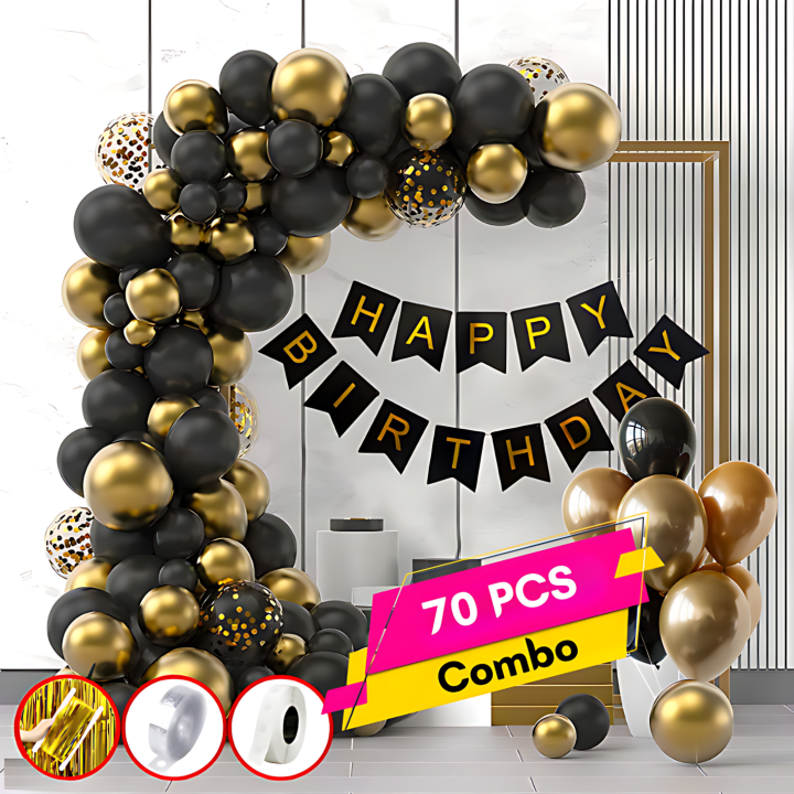 Golden Glamour Birthday Decor Mega Pack - Black Banners, Foil Curtains, Metallic Balloons, Confetti Balloons, and Garland Arch - 70-Piece Celebration Pack