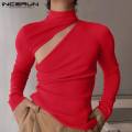 INCERUN Men T Shirt Solid Turtleneck Long Sleeve Streetwear 2022 Hollow Out Fashion Men Clothing Fitness Casual Camisetas S-5XL. 