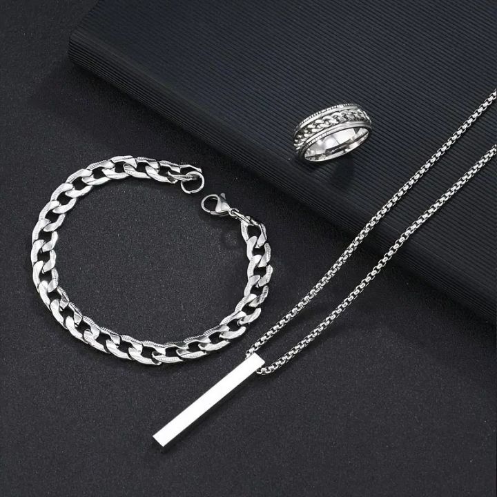 New 3pcs/set Mens Stainless Steel Glamour Bracelet Ring & Necklace Set for Men